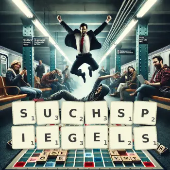 Kreative Illustration für ein Scrabble-Spiel, bei dem das Wort SUCHSPIEGELS mit Steinen auf dem Brett gelegt wurde.