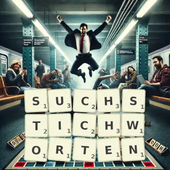 Kreative Illustration für ein Scrabble-Spiel, bei dem das Wort SUCHSTICHWORTEN mit Steinen auf dem Brett gelegt wurde.