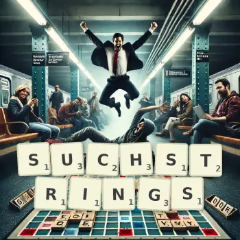 Kreative Illustration für ein Scrabble-Spiel, bei dem das Wort SUCHSTRINGS mit Steinen auf dem Brett gelegt wurde.