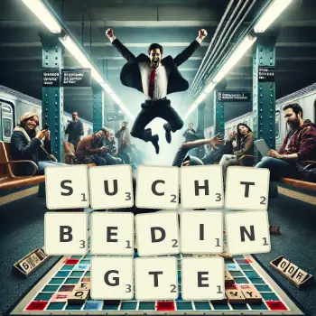 Kreative Illustration für ein Scrabble-Spiel, bei dem das Wort SUCHTBEDINGTE mit Steinen auf dem Brett gelegt wurde.