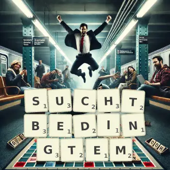 Kreative Illustration für ein Scrabble-Spiel, bei dem das Wort SUCHTBEDINGTEM mit Steinen auf dem Brett gelegt wurde.