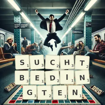 Kreative Illustration für ein Scrabble-Spiel, bei dem das Wort SUCHTBEDINGTEN mit Steinen auf dem Brett gelegt wurde.