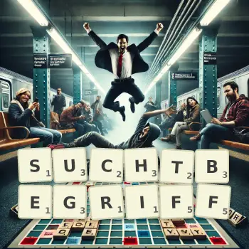 Kreative Illustration für ein Scrabble-Spiel, bei dem das Wort SUCHTBEGRIFF mit Steinen auf dem Brett gelegt wurde.