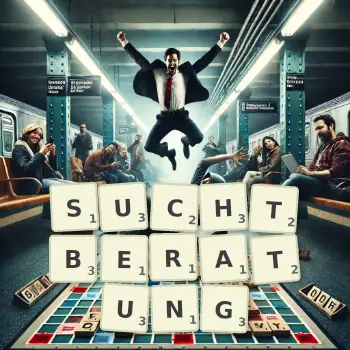 Kreative Illustration für ein Scrabble-Spiel, bei dem das Wort SUCHTBERATUNG mit Steinen auf dem Brett gelegt wurde.