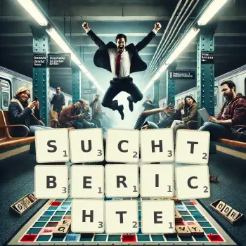 Kreative Illustration für ein Scrabble-Spiel, bei dem das Wort SUCHTBERICHTE mit Steinen auf dem Brett gelegt wurde.