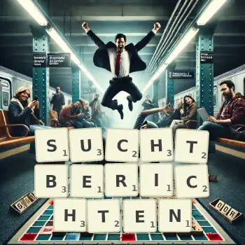 Kreative Illustration für ein Scrabble-Spiel, bei dem das Wort SUCHTBERICHTEN mit Steinen auf dem Brett gelegt wurde.