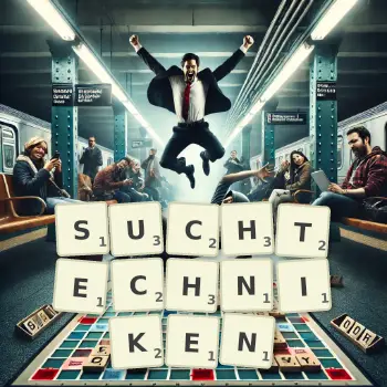Kreative Illustration für ein Scrabble-Spiel, bei dem das Wort SUCHTECHNIKEN mit Steinen auf dem Brett gelegt wurde.