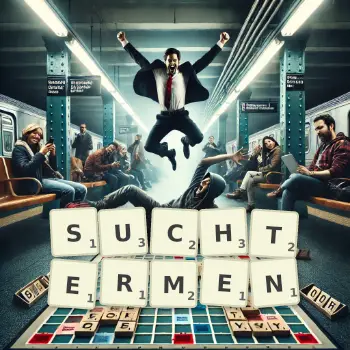 Kreative Illustration für ein Scrabble-Spiel, bei dem das Wort SUCHTERMEN mit Steinen auf dem Brett gelegt wurde.