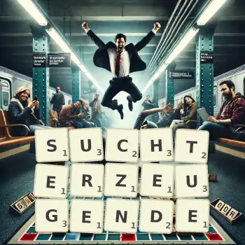 Kreative Illustration für ein Scrabble-Spiel, bei dem das Wort SUCHTERZEUGENDE mit Steinen auf dem Brett gelegt wurde.