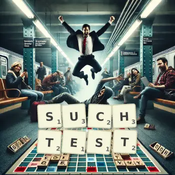 Kreative Illustration für ein Scrabble-Spiel, bei dem das Wort SUCHTEST mit Steinen auf dem Brett gelegt wurde.