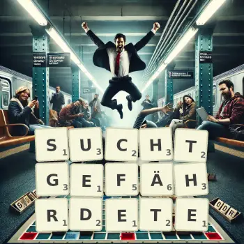 Kreative Illustration für ein Scrabble-Spiel, bei dem das Wort SUCHTGEFÄHRDETE mit Steinen auf dem Brett gelegt wurde.