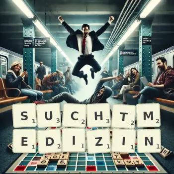 Kreative Illustration für ein Scrabble-Spiel, bei dem das Wort SUCHTMEDIZIN mit Steinen auf dem Brett gelegt wurde.