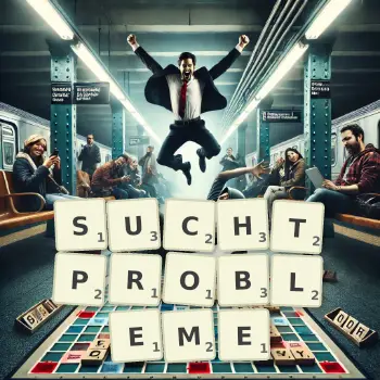 Kreative Illustration für ein Scrabble-Spiel, bei dem das Wort SUCHTPROBLEME mit Steinen auf dem Brett gelegt wurde.