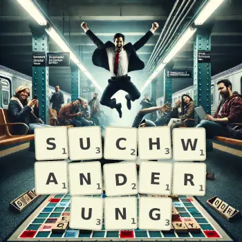 Kreative Illustration für ein Scrabble-Spiel, bei dem das Wort SUCHWANDERUNG mit Steinen auf dem Brett gelegt wurde.