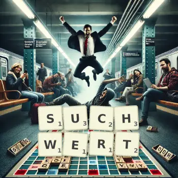 Kreative Illustration für ein Scrabble-Spiel, bei dem das Wort SUCHWERT mit Steinen auf dem Brett gelegt wurde.