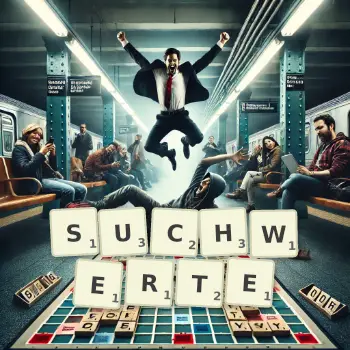 Kreative Illustration für ein Scrabble-Spiel, bei dem das Wort SUCHWERTE mit Steinen auf dem Brett gelegt wurde.