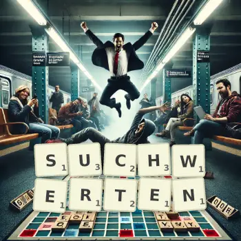 Kreative Illustration für ein Scrabble-Spiel, bei dem das Wort SUCHWERTEN mit Steinen auf dem Brett gelegt wurde.