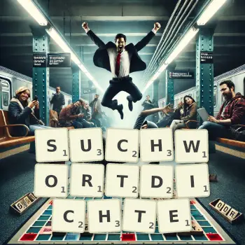 Kreative Illustration für ein Scrabble-Spiel, bei dem das Wort SUCHWORTDICHTE mit Steinen auf dem Brett gelegt wurde.