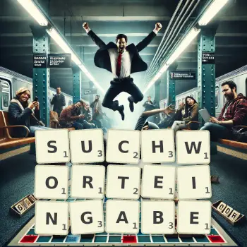 Kreative Illustration für ein Scrabble-Spiel, bei dem das Wort SUCHWORTEINGABE mit Steinen auf dem Brett gelegt wurde.