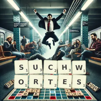 Kreative Illustration für ein Scrabble-Spiel, bei dem das Wort SUCHWORTES mit Steinen auf dem Brett gelegt wurde.