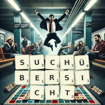 Kreative Illustration für ein Scrabble-Spiel, bei dem das Wort SUCHÜBERSICHT mit Steinen auf dem Brett gelegt wurde.