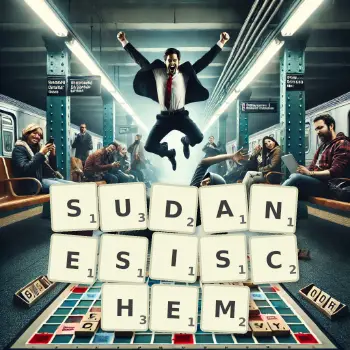 Kreative Illustration für ein Scrabble-Spiel, bei dem das Wort SUDANESISCHEM mit Steinen auf dem Brett gelegt wurde.