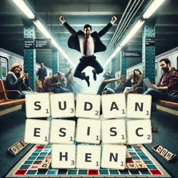 Kreative Illustration für ein Scrabble-Spiel, bei dem das Wort SUDANESISCHEN mit Steinen auf dem Brett gelegt wurde.