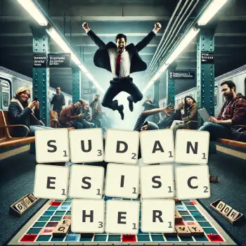 Kreative Illustration für ein Scrabble-Spiel, bei dem das Wort SUDANESISCHER mit Steinen auf dem Brett gelegt wurde.