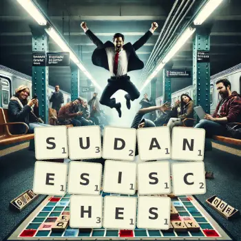 Kreative Illustration für ein Scrabble-Spiel, bei dem das Wort SUDANESISCHES mit Steinen auf dem Brett gelegt wurde.
