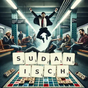 Kreative Illustration für ein Scrabble-Spiel, bei dem das Wort SUDANISCH mit Steinen auf dem Brett gelegt wurde.