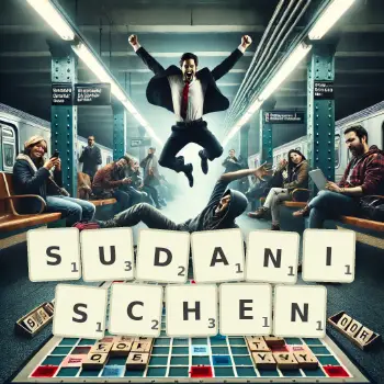 Kreative Illustration für ein Scrabble-Spiel, bei dem das Wort SUDANISCHEN mit Steinen auf dem Brett gelegt wurde.