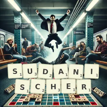Kreative Illustration für ein Scrabble-Spiel, bei dem das Wort SUDANISCHER mit Steinen auf dem Brett gelegt wurde.