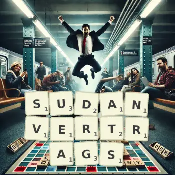 Kreative Illustration für ein Scrabble-Spiel, bei dem das Wort SUDANVERTRAGS mit Steinen auf dem Brett gelegt wurde.