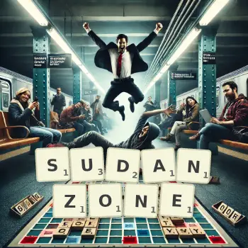 Kreative Illustration für ein Scrabble-Spiel, bei dem das Wort SUDANZONE mit Steinen auf dem Brett gelegt wurde.