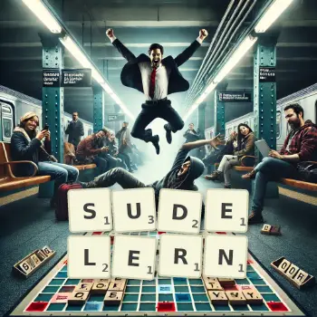 Kreative Illustration für ein Scrabble-Spiel, bei dem das Wort SUDELERN mit Steinen auf dem Brett gelegt wurde.