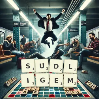 Kreative Illustration für ein Scrabble-Spiel, bei dem das Wort SUDLIGEM mit Steinen auf dem Brett gelegt wurde.