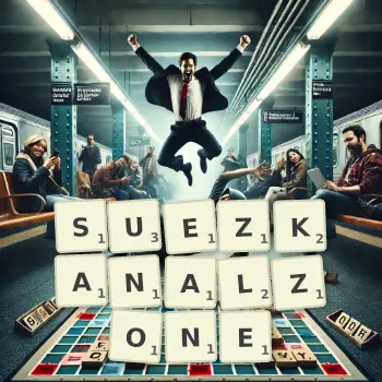 Kreative Illustration für ein Scrabble-Spiel, bei dem das Wort SUEZKANALZONE mit Steinen auf dem Brett gelegt wurde.