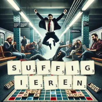 Kreative Illustration für ein Scrabble-Spiel, bei dem das Wort SUFFIGIEREN mit Steinen auf dem Brett gelegt wurde.