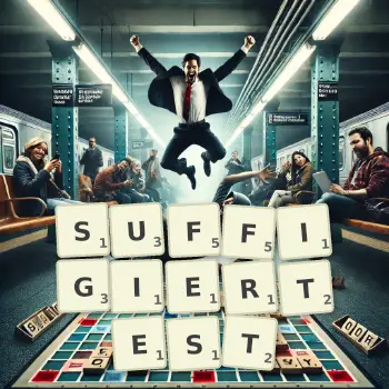 Kreative Illustration für ein Scrabble-Spiel, bei dem das Wort SUFFIGIERTEST mit Steinen auf dem Brett gelegt wurde.