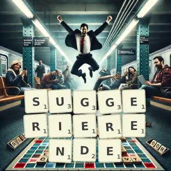 Kreative Illustration für ein Scrabble-Spiel, bei dem das Wort SUGGERIERENDE mit Steinen auf dem Brett gelegt wurde.