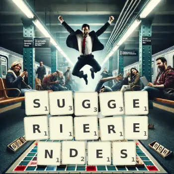 Kreative Illustration für ein Scrabble-Spiel, bei dem das Wort SUGGERIERENDES mit Steinen auf dem Brett gelegt wurde.