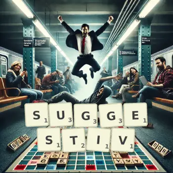 Kreative Illustration für ein Scrabble-Spiel, bei dem das Wort SUGGESTIV mit Steinen auf dem Brett gelegt wurde.