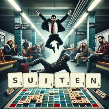 Kreative Illustration für ein Scrabble-Spiel, bei dem das Wort SUITEN mit Steinen auf dem Brett gelegt wurde.