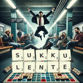 Kreative Illustration für ein Scrabble-Spiel, bei dem das Wort SUKKULENTE mit Steinen auf dem Brett gelegt wurde.