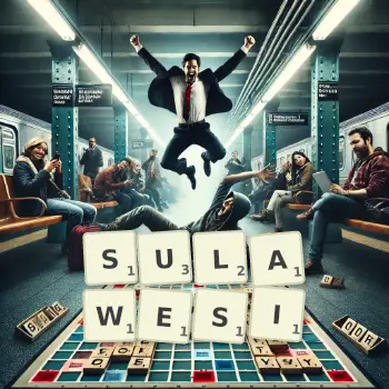 Kreative Illustration für ein Scrabble-Spiel, bei dem das Wort SULAWESI mit Steinen auf dem Brett gelegt wurde.