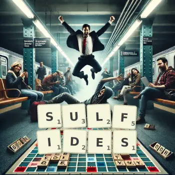 Kreative Illustration für ein Scrabble-Spiel, bei dem das Wort SULFIDES mit Steinen auf dem Brett gelegt wurde.