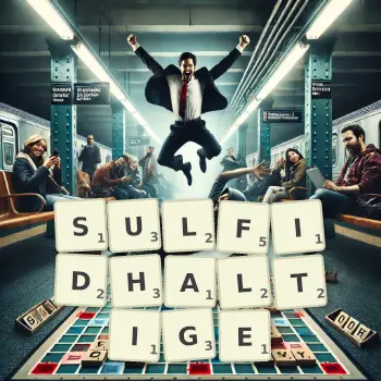 Kreative Illustration für ein Scrabble-Spiel, bei dem das Wort SULFIDHALTIGE mit Steinen auf dem Brett gelegt wurde.