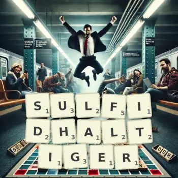 Kreative Illustration für ein Scrabble-Spiel, bei dem das Wort SULFIDHALTIGER mit Steinen auf dem Brett gelegt wurde.