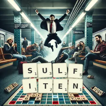 Kreative Illustration für ein Scrabble-Spiel, bei dem das Wort SULFITEN mit Steinen auf dem Brett gelegt wurde.