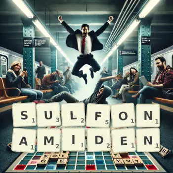 Kreative Illustration für ein Scrabble-Spiel, bei dem das Wort SULFONAMIDEN mit Steinen auf dem Brett gelegt wurde.